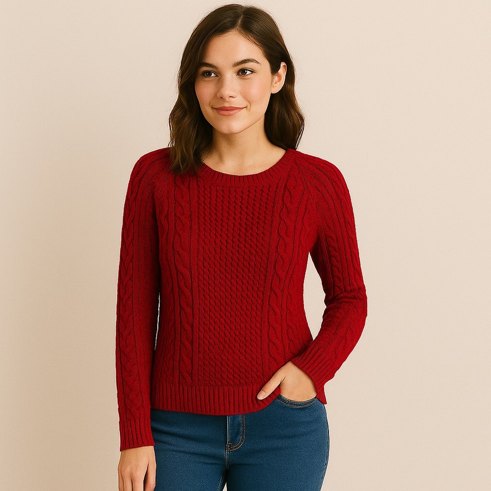 Lauren Ralph Lauren Red Cotton Cable Knit Crew Neck Sweater Sz M EUC